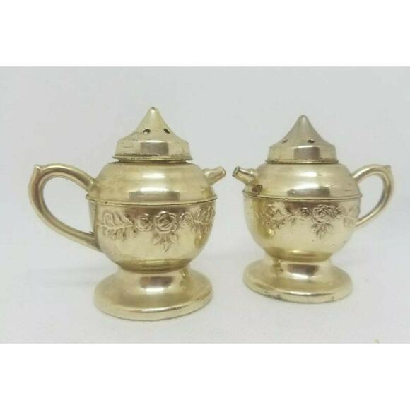 Vintage Japan Teapot Salt & Pepper Shakers Tea Pots Embossed Floral S&P Elegan - Picture 3 of 12